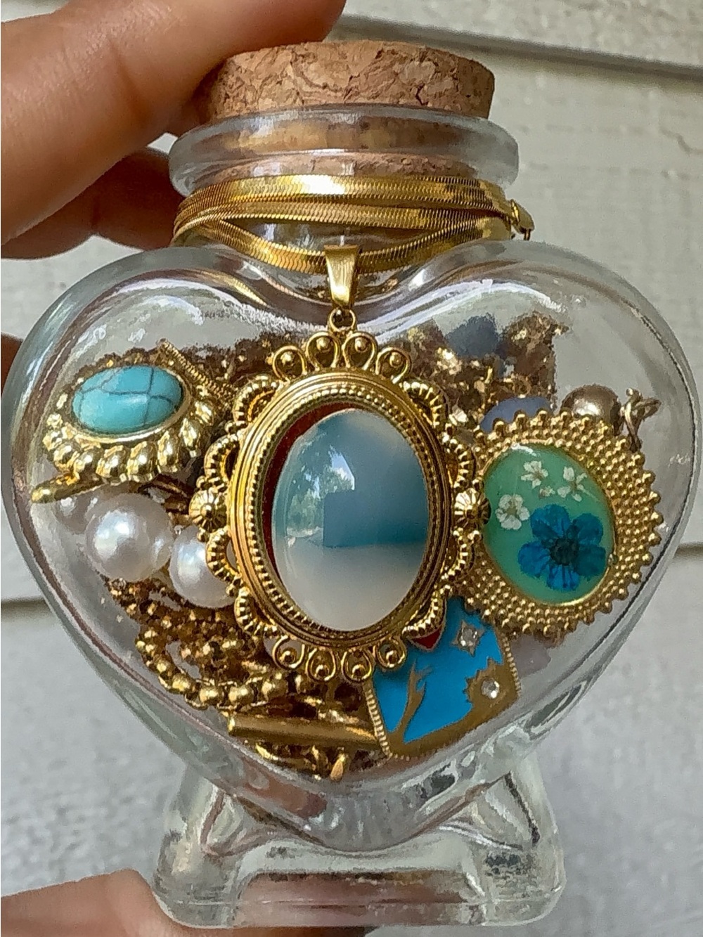 Gold-Tone Cameo Pendant Necklace with Blue and Turquoise Accents